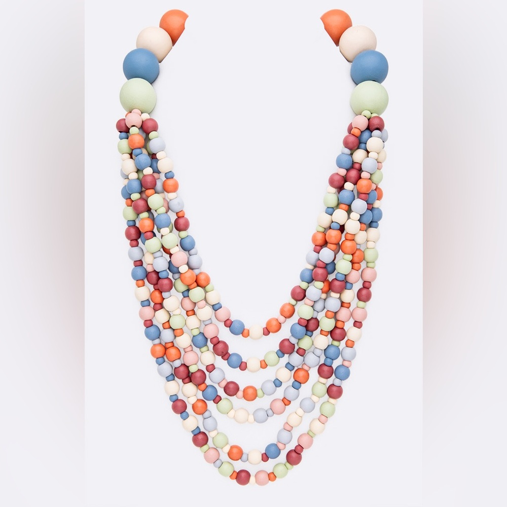 Wood Layered Bead Collar Statement Necklace